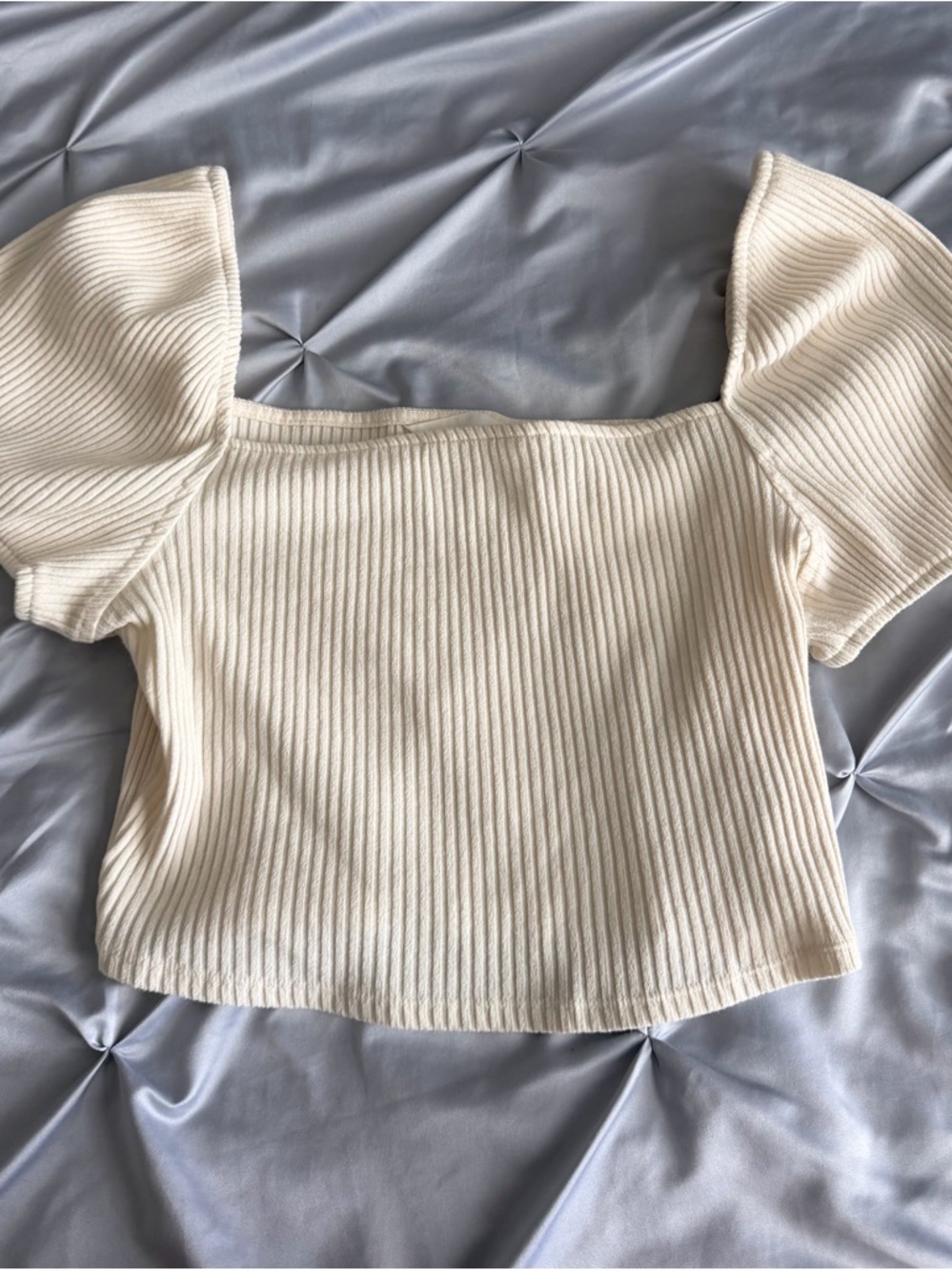 H&M Cream Ribbed Square-Neck Puff-Sleeve Crop Top